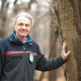 Förster Harald Klingebiel steht neben einem Baum und lehnt eine Hand an den Stamm.