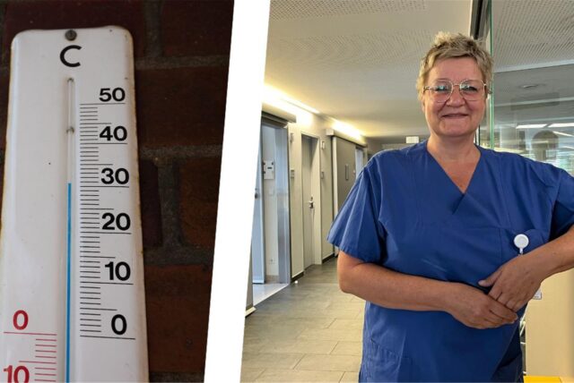 Links ein Thermometer, das 31 Grad Celsius anzeigt, rechts Oberärztin Annette Stein