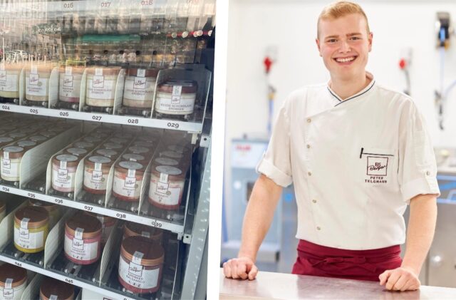 Links ist der Inhalt des Eisbergerautomaten zu sehen. Rechts Peter Telgmann.