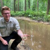 RVR-Revierförster Frederik Vollmer zeigt den frisch verbauten Lehm an einer neuen Blenke in der Haard in der Nähe der früheren Schachtanlage AV 6 in Marl.