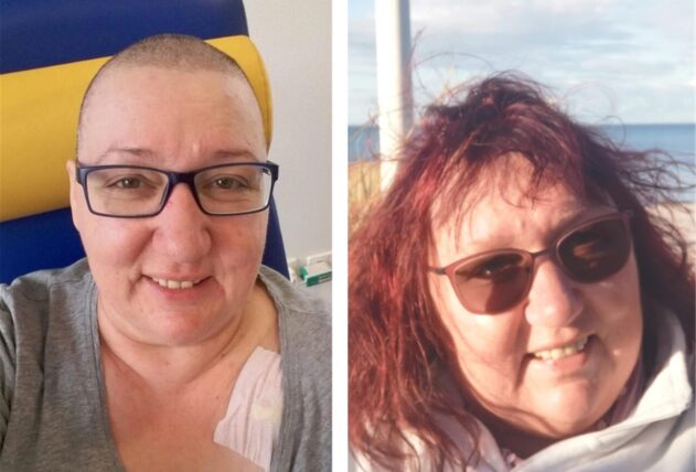 Carla Brockmeyer hat schon zahlreiche Therapien durchgemacht. Links: Aufnahme während einer Chemo. Rechts: „Grömitz, als wir dachten, ich hätte es geschafft“, schreibt sie zu dem Bild.
