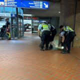 Vier Polizisten tragen eine junge Frau.