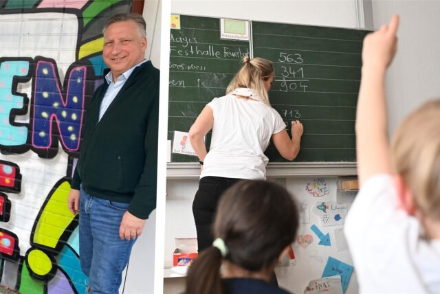 Eine Collage von einem Rektor und einer Schulklasse.