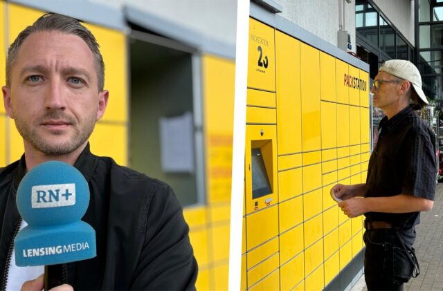 Philipp Pohl und Olly Schaper stehen vor einer Packstation in Dortmund-Derne.