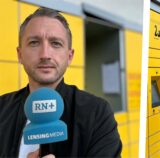 Philipp Pohl und Olly Schaper stehen vor einer Packstation in Dortmund-Derne.