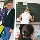 Eine Collage von einem Rektor und einer Schulklasse.