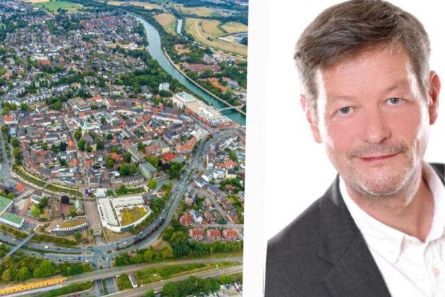 Das Bild zeigt die Stadt Dorsten von oben und Stadtsprecher Ludger Böhne.