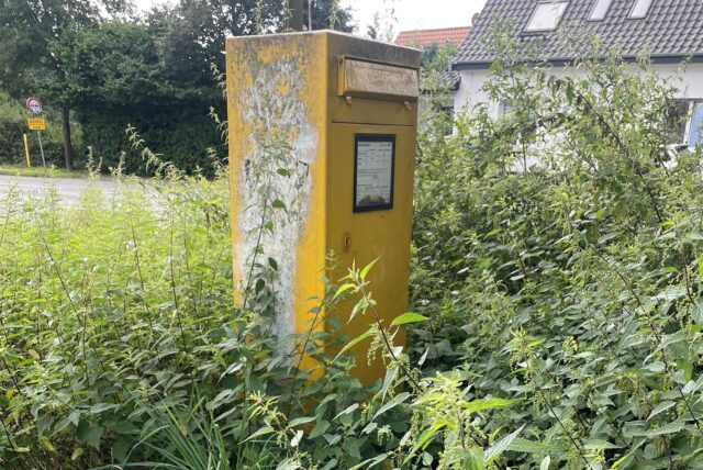 Gelber Briefkasten auf einer Wiese