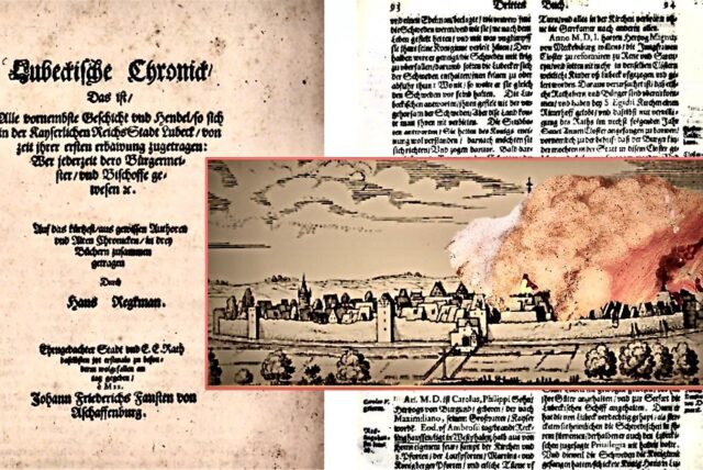 Die Collage gibt einen Eindruck von der brennenden Stadt Recklinghausen im Jahr 1500.