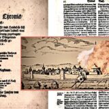Die Collage gibt einen Eindruck von der brennenden Stadt Recklinghausen im Jahr 1500.