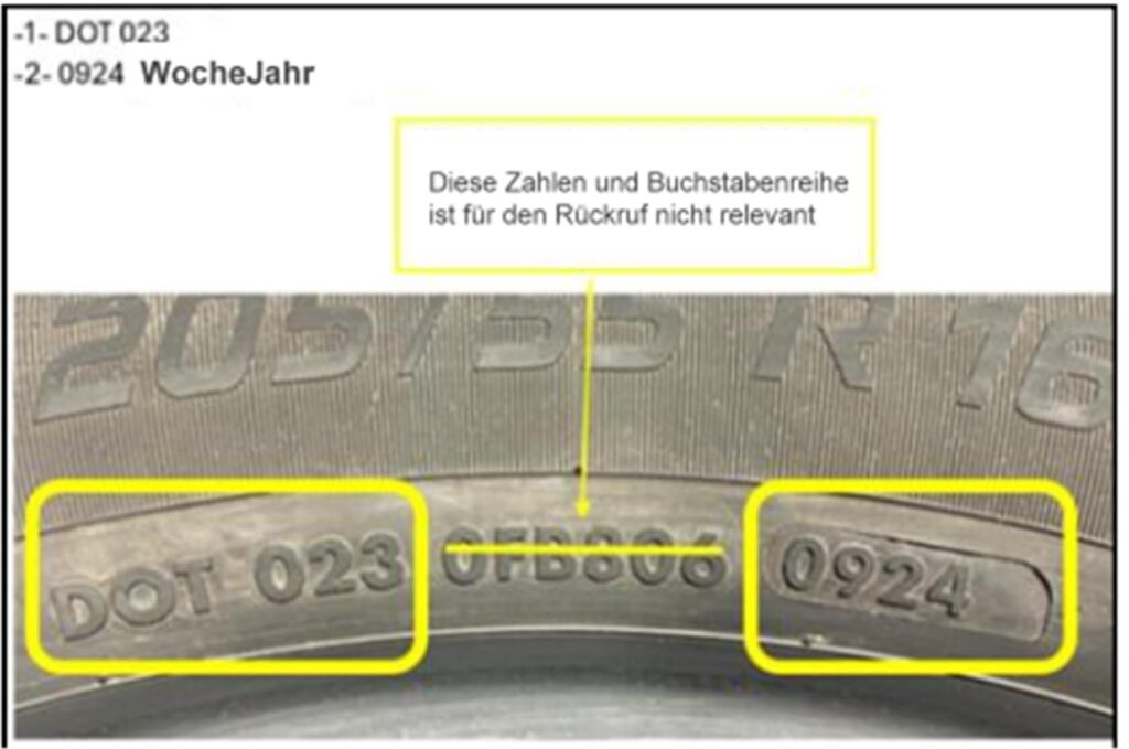 Die Reifenidentifiktionsnummer ist auf einem von der Rückrufaktion betroffenen Reifen zu sehen. Die Reifenidentifiktionsnummer ist auf einem von der Rückrufaktion betroffenen Reifen zu sehen.