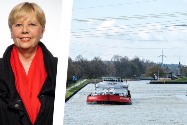 Eine Montage eines Porträtfotos der Dattelner BSW-Fraktionsvorsitzenden Petra Willemsen und dem Foto eines Binnenschiffs auf einem Kanal.