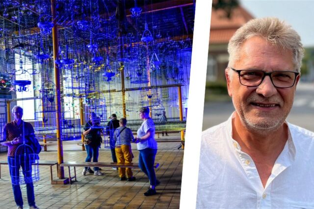 Rechts bestaunen Besucher der ExtraSchicht eine Kunstaktion in der Neuen Zeche Westerholt, links ein Bild des Geschäftsführers der dortigen Entwicklungsgesellschaft, Bernd Lohse.