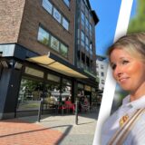 Montage aus der Außenansicht der Filiale am Münsterplatz und Isabel Auffenberg.