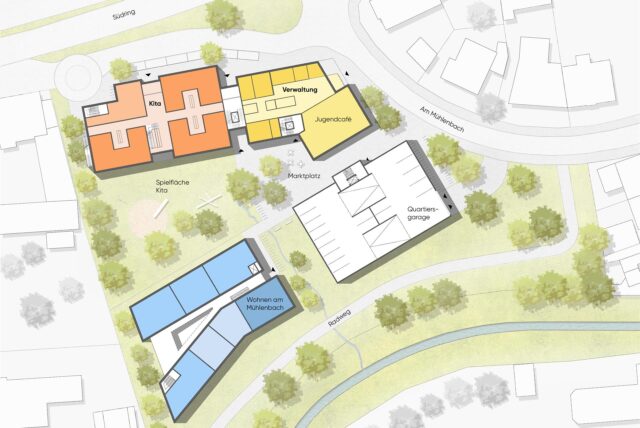 Plan der Architekten: Ein Kita- und Verwaltungsgebäude, südlich davon ein Wohngebäude und daneben eine Quartiersgarage.