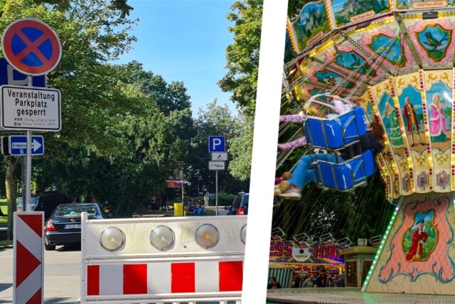 Links ein Absperrgitter vor einem Parkplatz, rechts ein Kettenkarussell