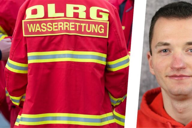 Eine Collage aus der Rückenansicht einer Person mit DLRG-Jacke und einem Porträtfoto von Niklas Tschäschke.