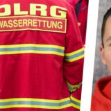 Eine Collage aus der Rückenansicht einer Person mit DLRG-Jacke und einem Porträtfoto von Niklas Tschäschke.