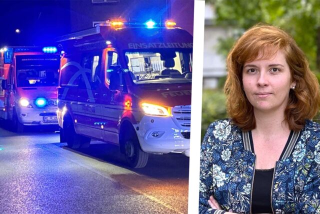 Links Foto von Feuerwehrautos mit Blaulicht nachts, rechts: Sprecherin Corina Plötz