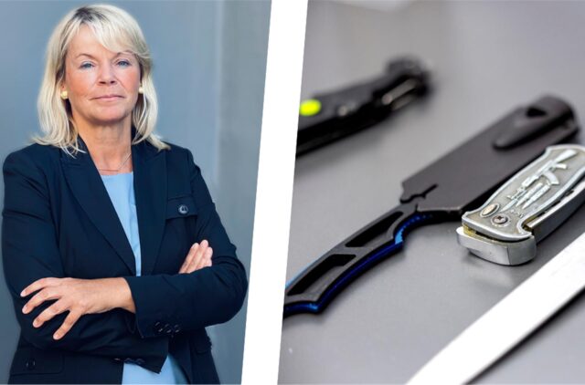 Verschiedene Messer liegen auf einem Tisch.
