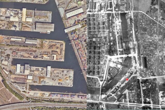 Rund 100 Jahre liegen zwischen diesen beiden Aufnahmen des Regionalverbades Ruhr, die den Dortmunder Hafen zeigen. Rechts im Bild noch erkennbar: die rechteckigen Grundstücke der Union-Vorstadt-Siedlung. Wo einst die Häuser standen, stapeln sich heute Container. Die Fotos haben den Maßstab 1:5000.