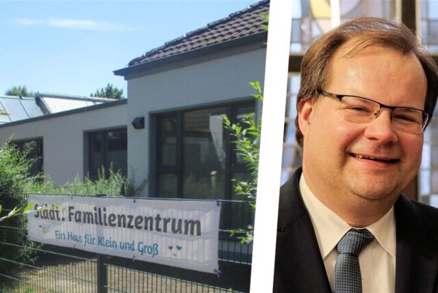 Die Bildkombi zeigt Dr. Sebastian Sanders und die Kita Ebbinghäuser Straße von außen.