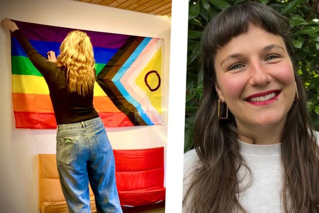 Montage von einer Frau, die eine Flagge an einer Wand befestigt und Pfarrerin Katharina Friedrich.