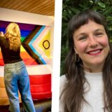 Montage von einer Frau, die eine Flagge an einer Wand befestigt und Pfarrerin Katharina Friedrich.