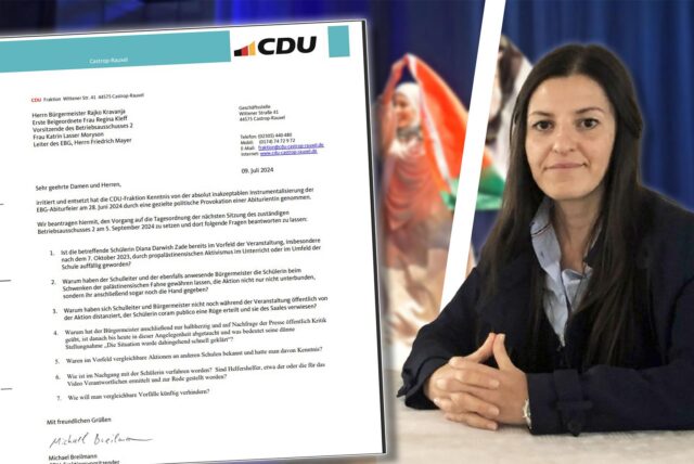 Die Montage zeigt Aysel Cetin und den Antrag der CDU zum Palästina-Flaggen-Eklat.