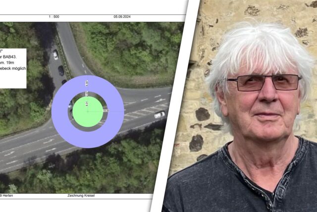Eine Collage: Links ist eine Bauskizze für einen Kreisverkehr an der L511 in Herten zu sehen, rechts Architekt Jochen Klass.