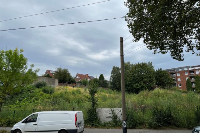 Ein Pkw steht auf einem Parkplatz am Straßenrand. Dahinter liegt eine verwucherte Grünfläche, die vom Bürgersteig mit einem Zaun getrennt ist. Hinter der Grünfläche stehen Wohnhäuser.