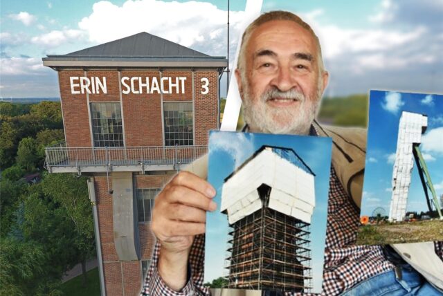Der Hammerkopfturm Erin Schacht 3 heute und während einer Sanierung: Klaus Michael Lehmann zeigt die Bilder der Türme, die er mit seinem Verein vor dem Abriss rettete.