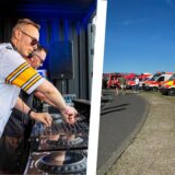 Das Bild ist mit einem weißen Balken vertikal in zwei Hälften geteilt. Auf der Linken Seite ist ein DJ an seinem Mischpult zu erkennen. Er trägt ein weißes T-Shirt mit gelben Ringen am Arm. Er dreht an mehreren Knöpfen in der Mitte des Pults. Auf der rechten Hälfte des Bilds sind mehrere Krankenwagen zu erkennen, die aufgereiht an der Halde Hoheward stehen. Im Vordergrund ist ein Teil eines Einsatz-Motorrads
