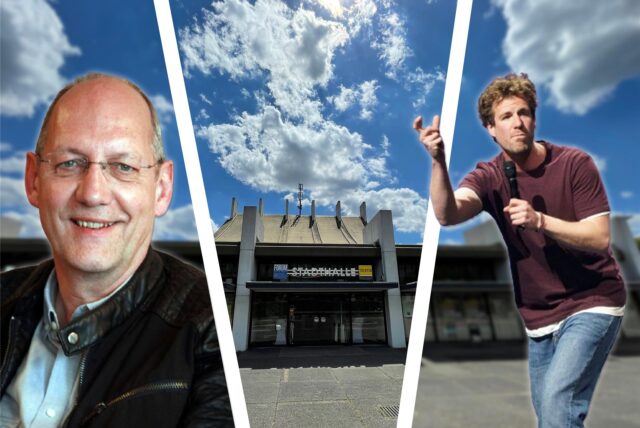 Die Stadthalle Castrop-Rauxel vom Europaplatz aus betrachtet. Sie bietet in normaler Bühnen-Bestuhlung rund 600 Zuschauern Platz. Peter Breuer (Geschäftsführer Forum GmbH, l.) will dort Luke Mockridge (r.) eigentlich keine Bühne mehr geben.