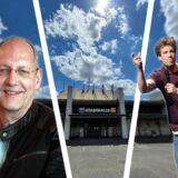Die Stadthalle Castrop-Rauxel vom Europaplatz aus betrachtet. Sie bietet in normaler Bühnen-Bestuhlung rund 600 Zuschauern Platz. Peter Breuer (Geschäftsführer Forum GmbH, l.) will dort Luke Mockridge (r.) eigentlich keine Bühne mehr geben.