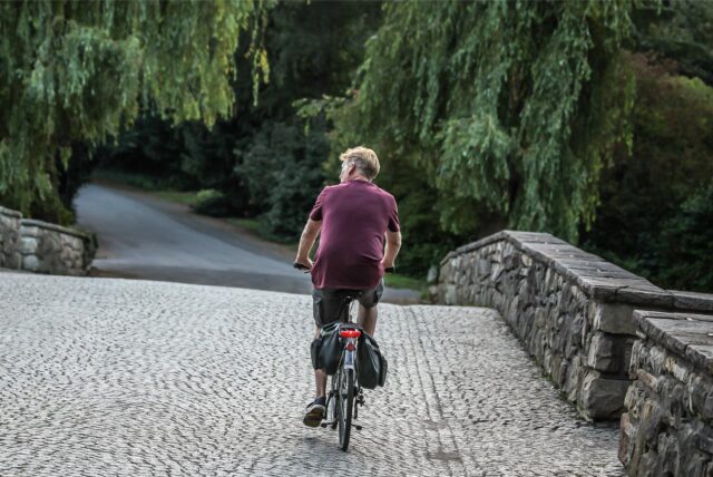 Ein Mann auf einem Fahrrad fährt durch einen Park.