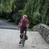 Ein Mann auf einem Fahrrad fährt durch einen Park.