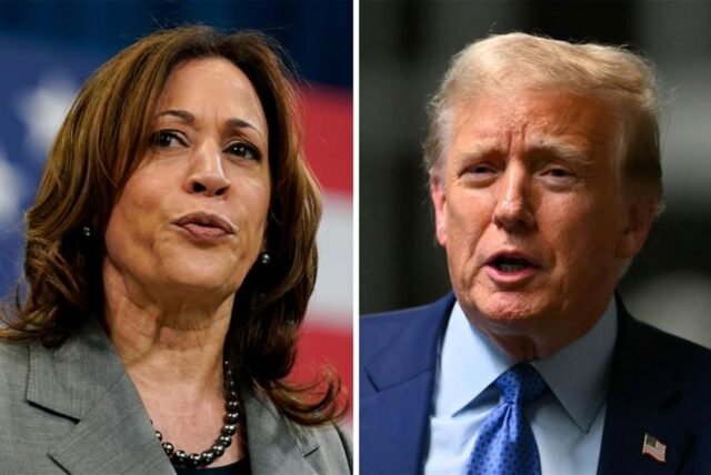 Kamala Harris, Vizepräsidentin der USA, und der ehemalige US-Präsident Donald Trump in einer Kollage nebeneinander.