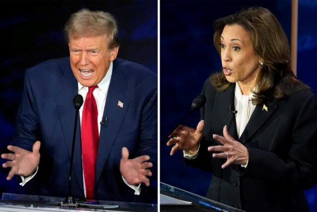 Diese Fotokombination zeigt den republikanischen Präsidentschaftskandidaten und ehemaligen US-Präsidenten Donald Trump (l) und die demokratische Präsidentschaftskandidatin und US-Vizepräsidentin Kamala Harris während einer ABC News Präsidentschaftsdebatte im National Constitution Center.
