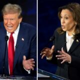 Diese Fotokombination zeigt den republikanischen Präsidentschaftskandidaten und ehemaligen US-Präsidenten Donald Trump (l) und die demokratische Präsidentschaftskandidatin und US-Vizepräsidentin Kamala Harris während einer ABC News Präsidentschaftsdebatte im National Constitution Center.
