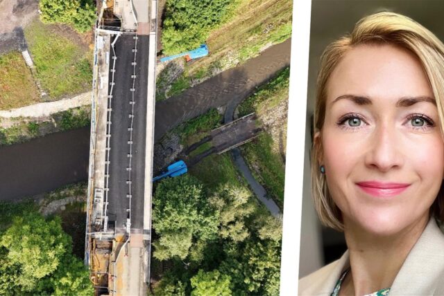Collage; links eine Baustelle in Dortmund, rechts Stadtsprecherin Alexandra Schürmann.