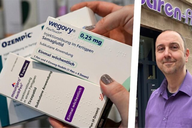 Die Montage zeigt links drei Medikament-Packungen (sogenannte Abnehmspritzen Ozempic, Wegovy, Mounjaro), die in zwei Händen gehalten werden. Im rechten Bildausschnitt ist Jan Forster vor seiner Bären-Apotheke in Recklinghausen zu sehen.