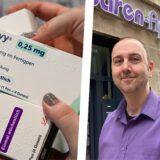 Die Montage zeigt links drei Medikament-Packungen (sogenannte Abnehmspritzen Ozempic, Wegovy, Mounjaro), die in zwei Händen gehalten werden. Im rechten Bildausschnitt ist Jan Forster vor seiner Bären-Apotheke in Recklinghausen zu sehen.