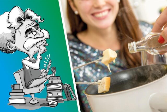 Frau sitzt vor einem Fondue-Gericht.