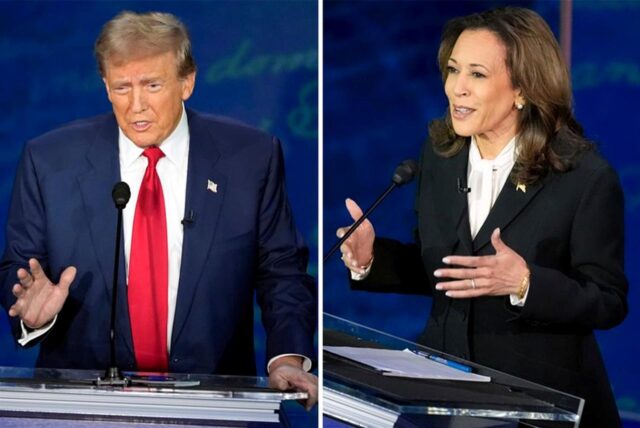 Diese Fotokombination zeigt den republikanischen Präsidentschaftskandidaten und ehemaligen US-Präsidenten Donald Trump (l) und die demokratische Präsidentschaftskandidatin und US-Vizepräsidentin Kamala Harris während einer ABC News Präsidentschaftsdebatte im National Constitution Center. Trump will nicht noch einmal zum TV-Duell gegen Harris antreten.