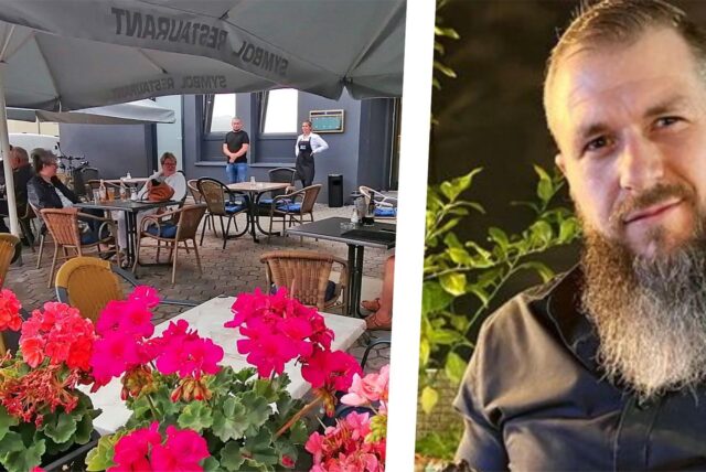 Collage: Links eine Restaurant-Terrasse in Dortmund-Mengede, rechts der Gastronom Marcel Strozyk.