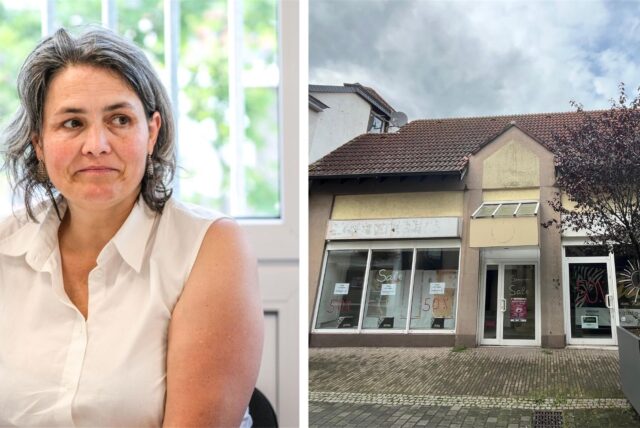 Eine Montage: Links ein Foto der Recklinghäuser Dezernentin Christina Kutschaty. Rechts ein Haus mit Schaufenstern in einer Fußgängerzone. Auf der rechten Seite steht ein eingetopfter Baum mit Sitzmöglichkeit.