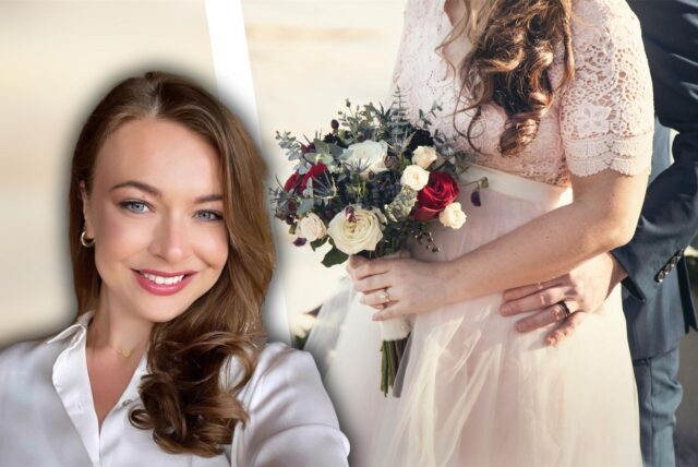 Montage aus Lena Hrebtov und einem Symbolbild eines Hochzeitspaares.