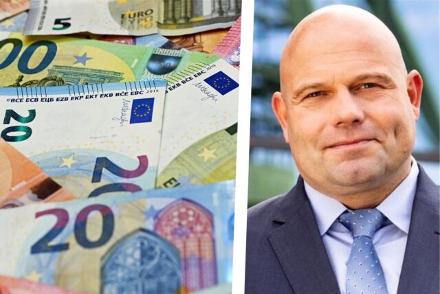 Dr. Oliver Lind in einer Bild-Kombo neben einem losen Haufen von Euro-Scheinen.