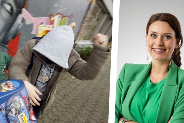 Montage zeigt zwei sich prügelnde Schüler und die SPD-Landtagsabgeordnete Anna Teresa Kavena aus Recklinghausen.